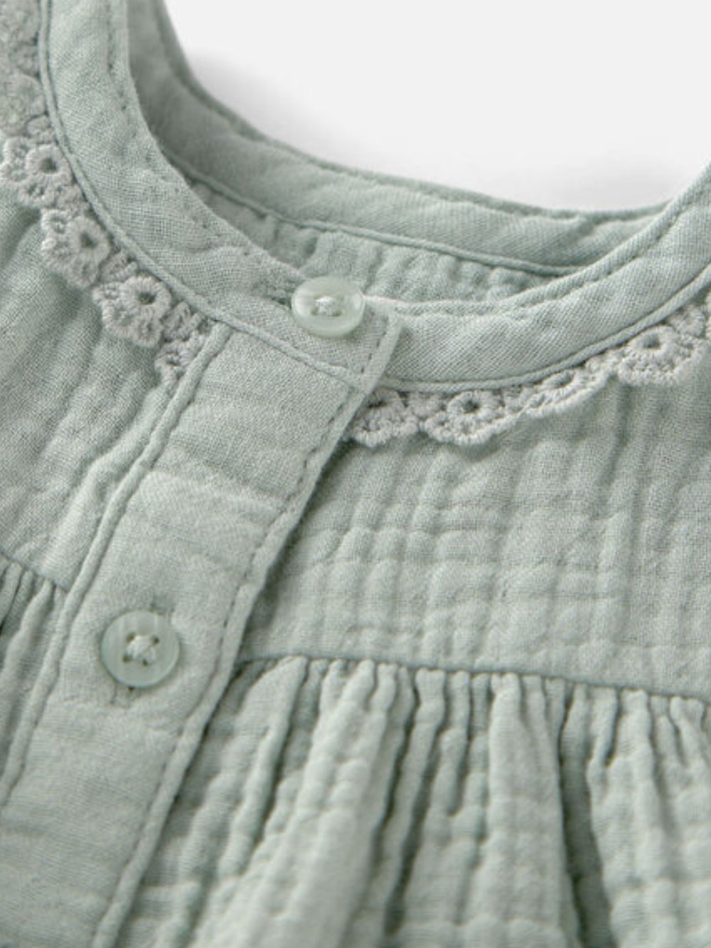 Little Planet Sage Green Cotton Girls' Dress with Crochet Trim